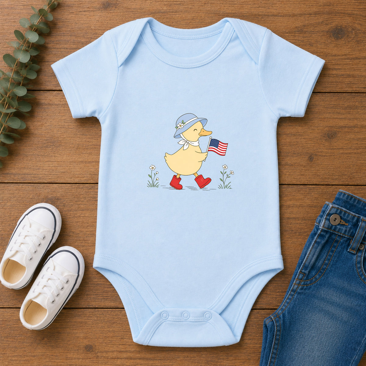 Patriotic Duck Baby Onesie, Cute USA Flag Outfit, Red White Blue Infant Graphic Bodysuit, Fourth of July Celebration Wear Infant Fine Jersey Bodysuit