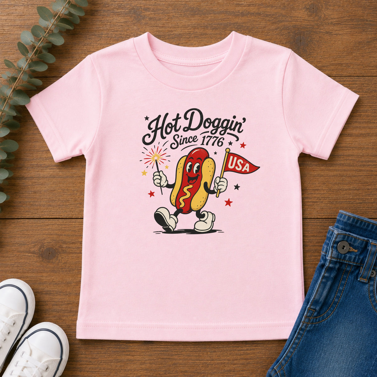 Hot Doggin Since 1776 Tee, Patriotic USA Hot Dog Shirt, Funny Summer Cartoon Graphic Top, Fourth of July Celebration Outfit Youth Short Sleeve Tee