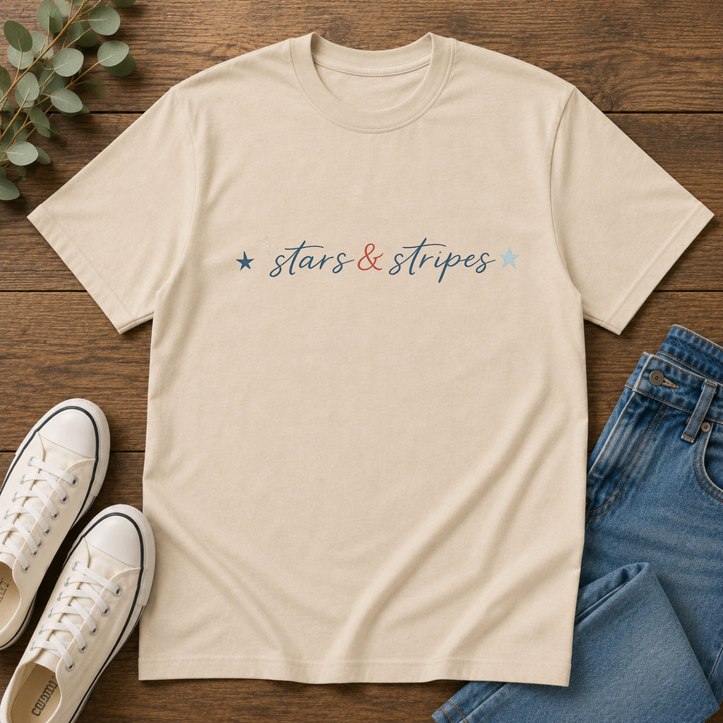 Stars and Stripes Script T-Shirt, 4th of July, Minimalist Patriotic Tee, Subtle Patriotic Gift, Dainty Script America Independence Day