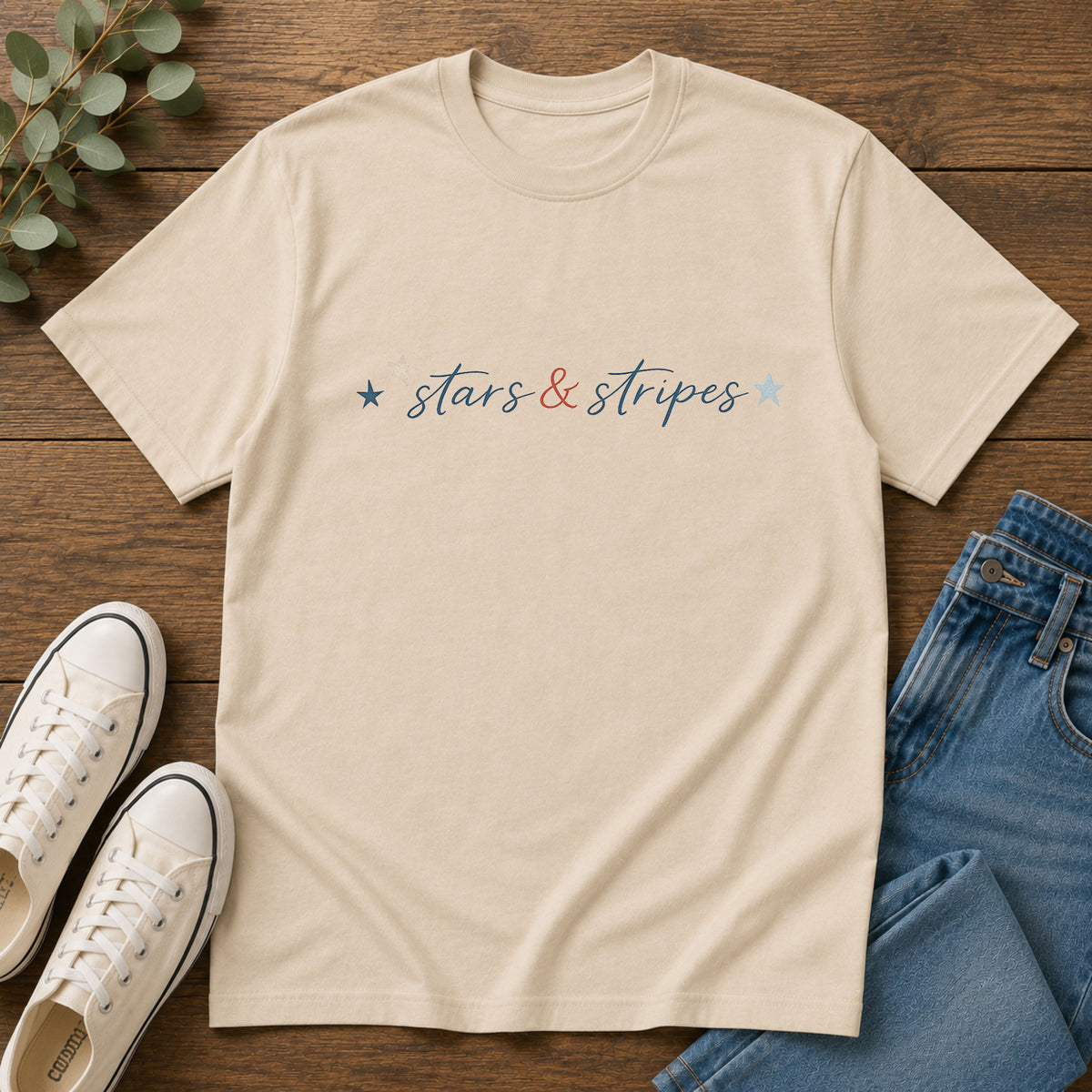Stars and Stripes Script T-Shirt, 4th of July, Minimalist Patriotic Tee, Subtle Patriotic Gift, Dainty Script America Independence Day
