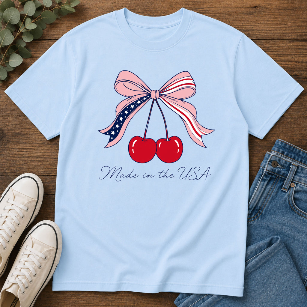 Made in the USA Cherry Tee, Patriotic Red White Blue Shirt, Cute Bow Fruit Graphic Top, Fourth of July Summer Outfit Unisex Softstyle T-Shirt