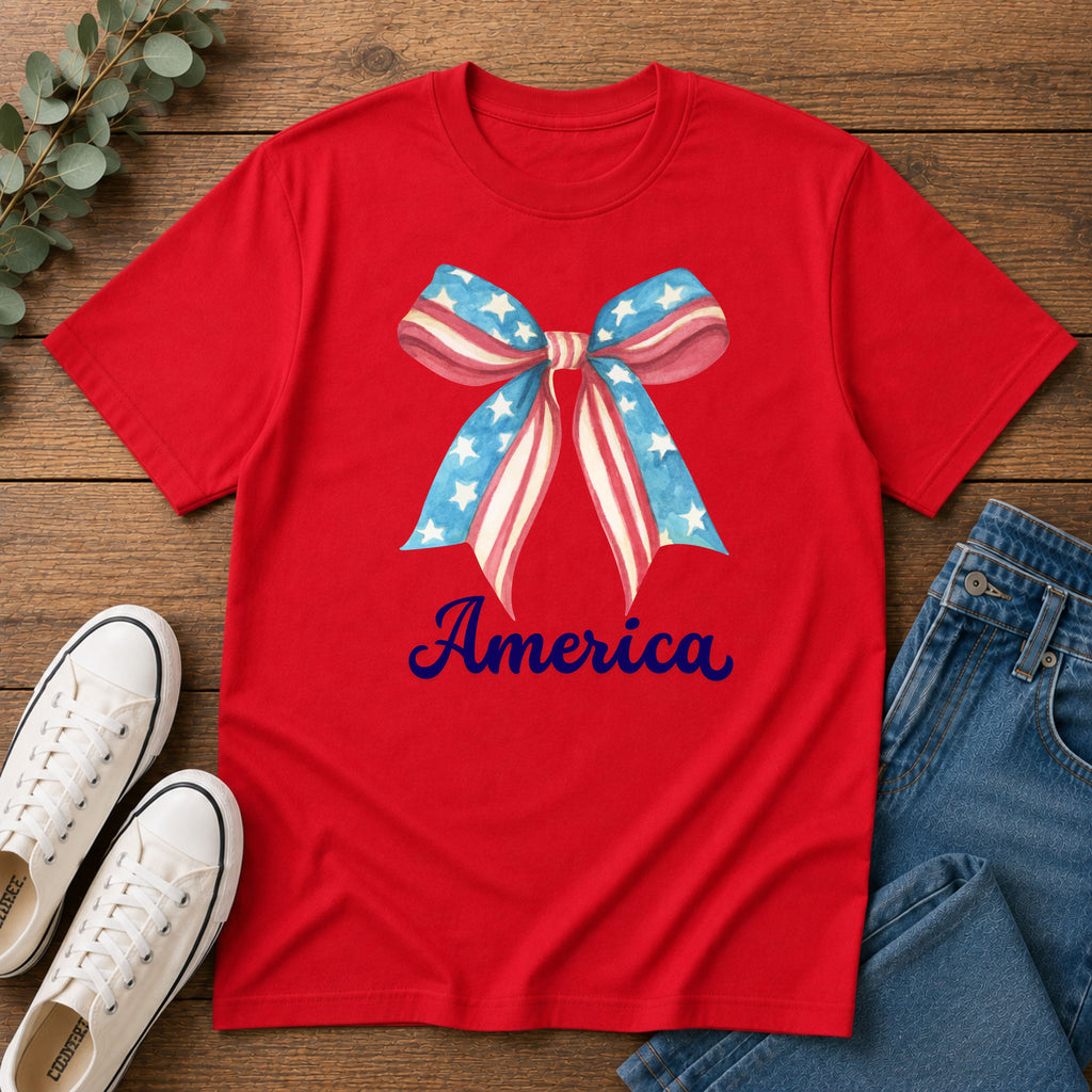 Coquette Patriotic Bow Shirt, 4th of July Women's T-Shirt, American Flag Bow Tee, USA Watercolor Bow, Stars and Stripes Shirt, Independence Day Gift