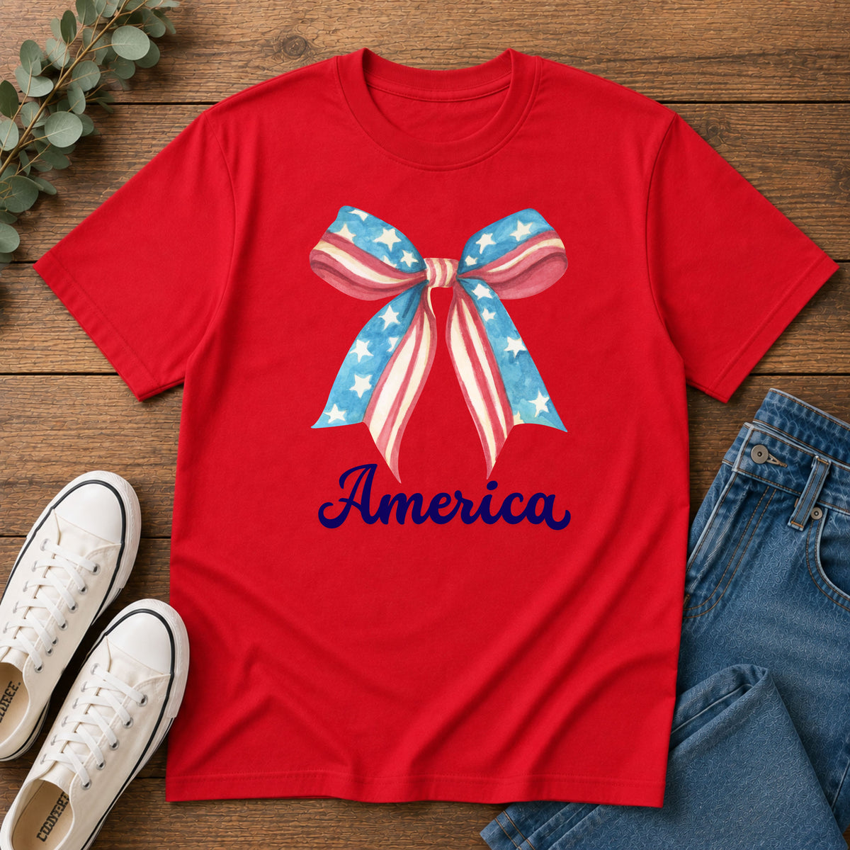 Coquette Patriotic Bow Shirt, 4th of July Women's T-Shirt, American Flag Bow Tee, USA Watercolor Bow, Stars and Stripes Shirt, Independence Day Gift