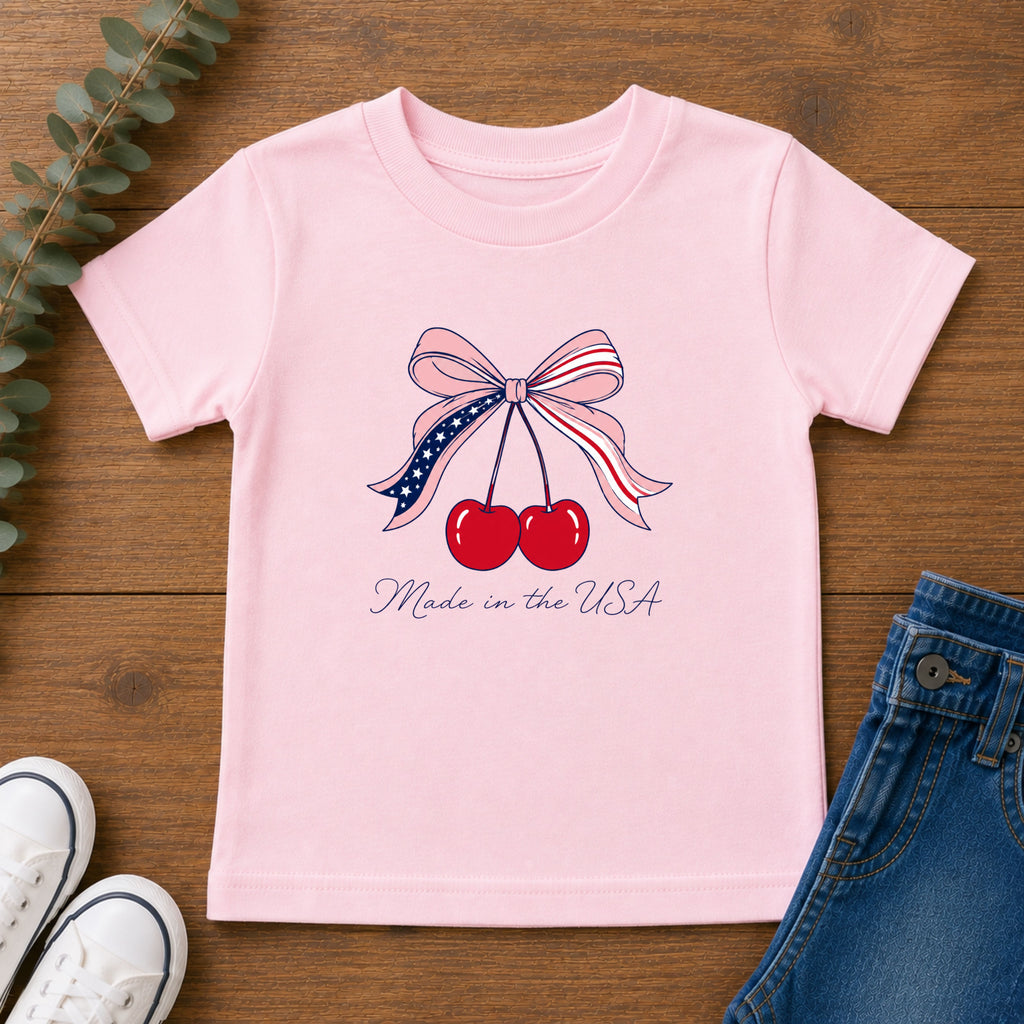 Made in the USA Cherry Tee, Patriotic Red White Blue Shirt, Cute Bow Fruit Graphic Top, Fourth of July Summer Outfit Toddler Short Sleeve Tee