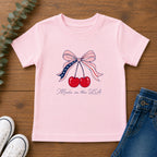 Made in the USA Cherry Tee, Patriotic Red White Blue Shirt, Cute Bow Fruit Graphic Top, Fourth of July Summer Outfit Toddler Short Sleeve Tee