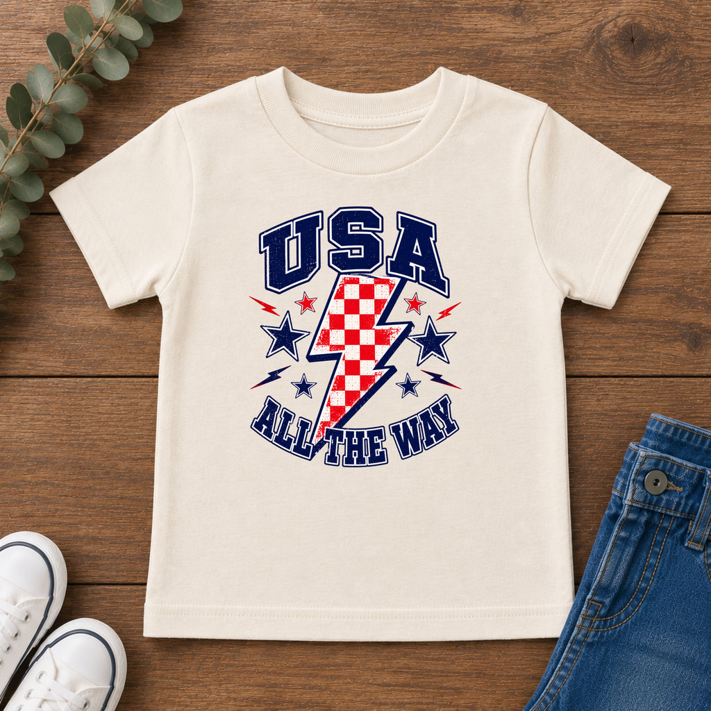 USA All The Way Tee, Patriotic Lightning Bolt Shirt, Red White Blue Star Graphic Top, Fourth of July Celebration Outfit Toddler Short Sleeve Tee