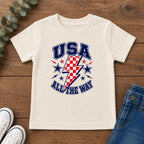 USA All The Way Tee, Patriotic Lightning Bolt Shirt, Red White Blue Star Graphic Top, Fourth of July Celebration Outfit Toddler Short Sleeve Tee
