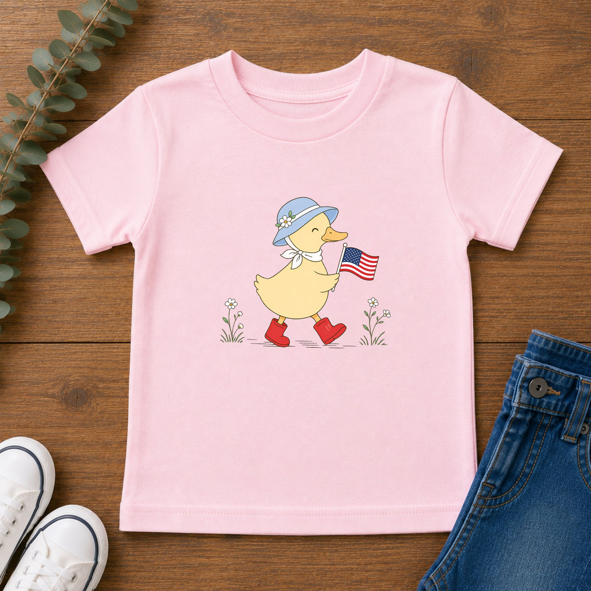 Patriotic Duck USA Tee, Cute Red White Blue Shirt, Summer Flag Graphic Top, Fourth of July Celebration Outfit Toddler Short Sleeve Tee